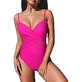 Hilor Women's Wrap One Piece Swimsuit V Neck Swimwear Surplice Mesh Tummy Control Bathing Suit