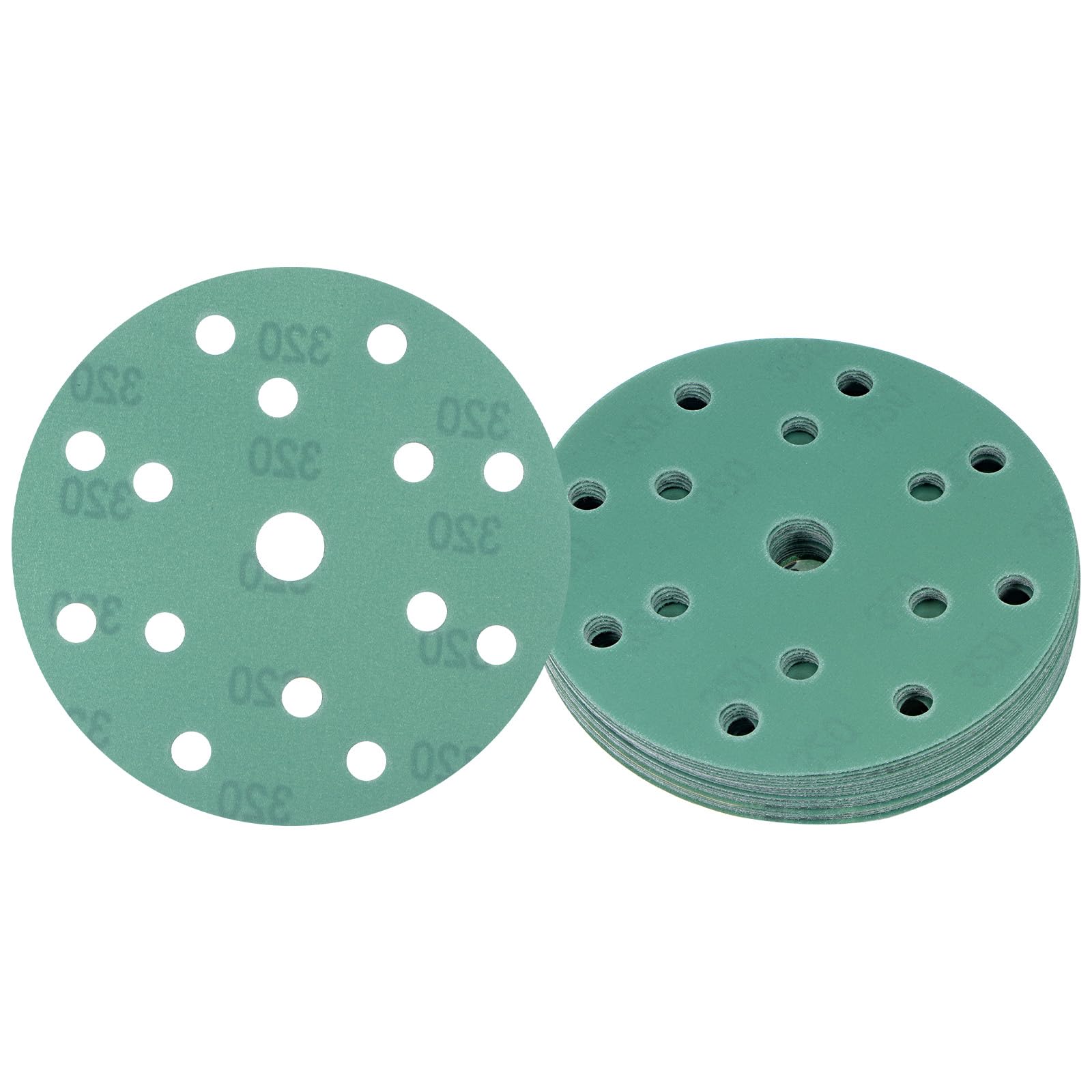 Kozelo 25pcs Green Film Sanding Discs - [6 Inch 320 Grits 15 Hole ] Round Aluminum Oxide Hook & Loop Wet Dry Sander Pads for Wood Metal Polishing Use| Zirconium Corundum Sandpaper