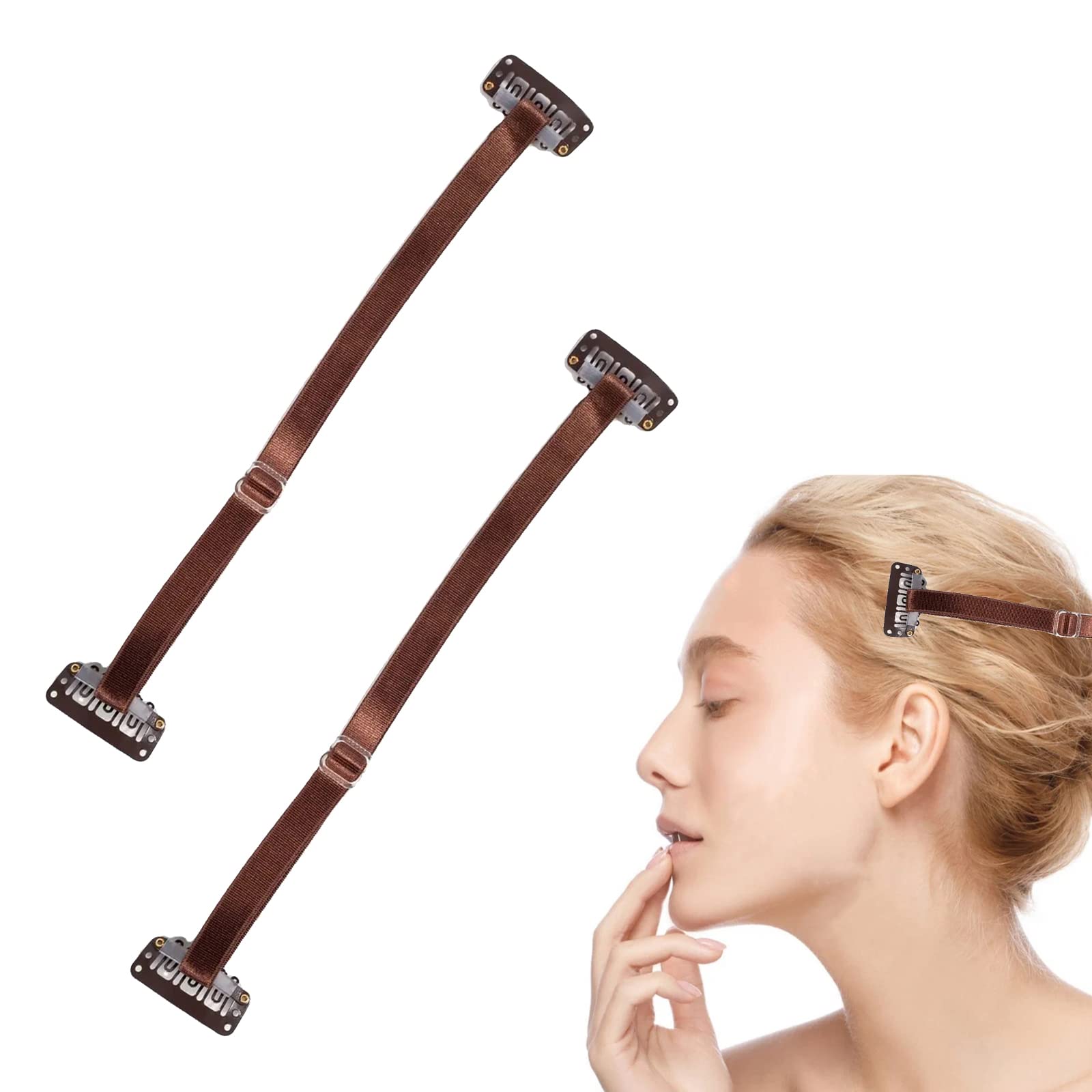 Face Lifting Tape Bands, Face Lifting Band, Facelift Bands with Clips, Facelifting Invisible Hair Bands for Chin, Neck and Eyes, Reusable Facelift Band, Brown, Pack of 2