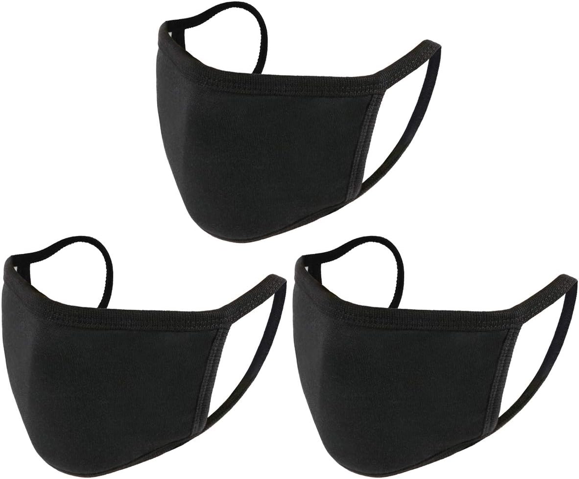 UNIME 3 Pcs Fashion Protective Face Masks, Unisex Black Dust Cotton Mouth Masks, Washable, Reusable Masks