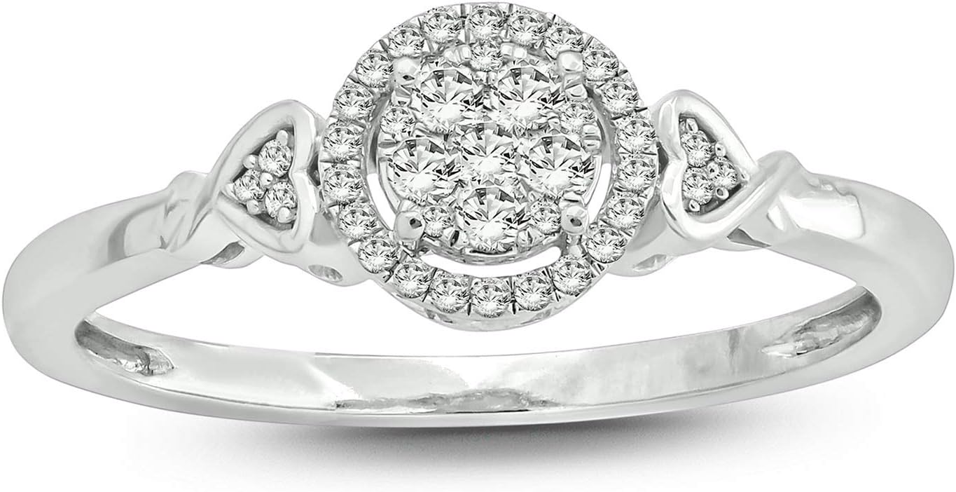 Tesero Mio Sterling Silver 1/6 Carat Round Cut (I-J Color, I2-I3 Clarity) Natural Diamond Promise Ring for Her, US Size 7