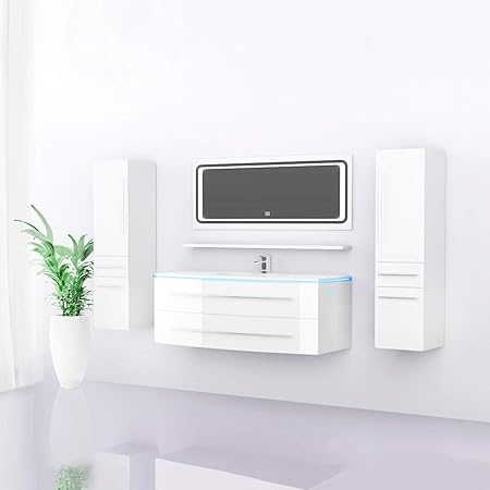Midori © Badmöbel Komplett Set Badezimmermöbel Unterschrank Waschbecken Waschtisch Hochschrank Spiegel LED Touch Vormontiert 
