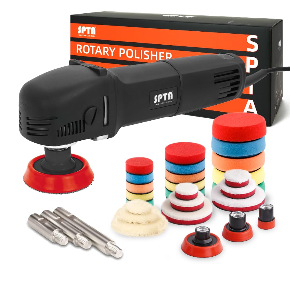 SPTA Mini pulidora pulidora rotativa para detalles automáticos Superpolish con 27 piezas de almohadilla de pulido de detalles Kit de tamaño mixto Almohadilla de pulido y eje de extensión de rosca M14 de 75 mm, 100 mm, 140 mm