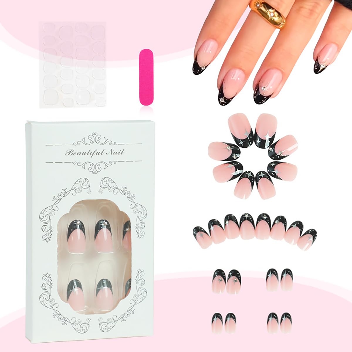 24Pcs Black French Tip Press on Nails Short Almond Shape Fake Nails with Silver Star Rhinestones Design Cute False Nails Nude Pink Full Cover Stick on Nails Glossy Acrylic Glue on Nails for Women Girl - Image 4