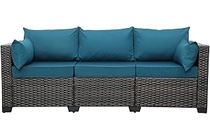 Valita 3-Seat Patio PE Wicker Couch Furniture Outdoor Brown Rattan Sofa with Washable Peacock Blue Cushions