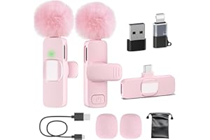 PoP voice USB C Pink Mini Microphone for iPhone 16/15/14/Android, Wireless Lavalier Microphone with Noise Reduction, Lapel Lav Mic for Vlog YouTube TikTok Recording, 12H, 65ft