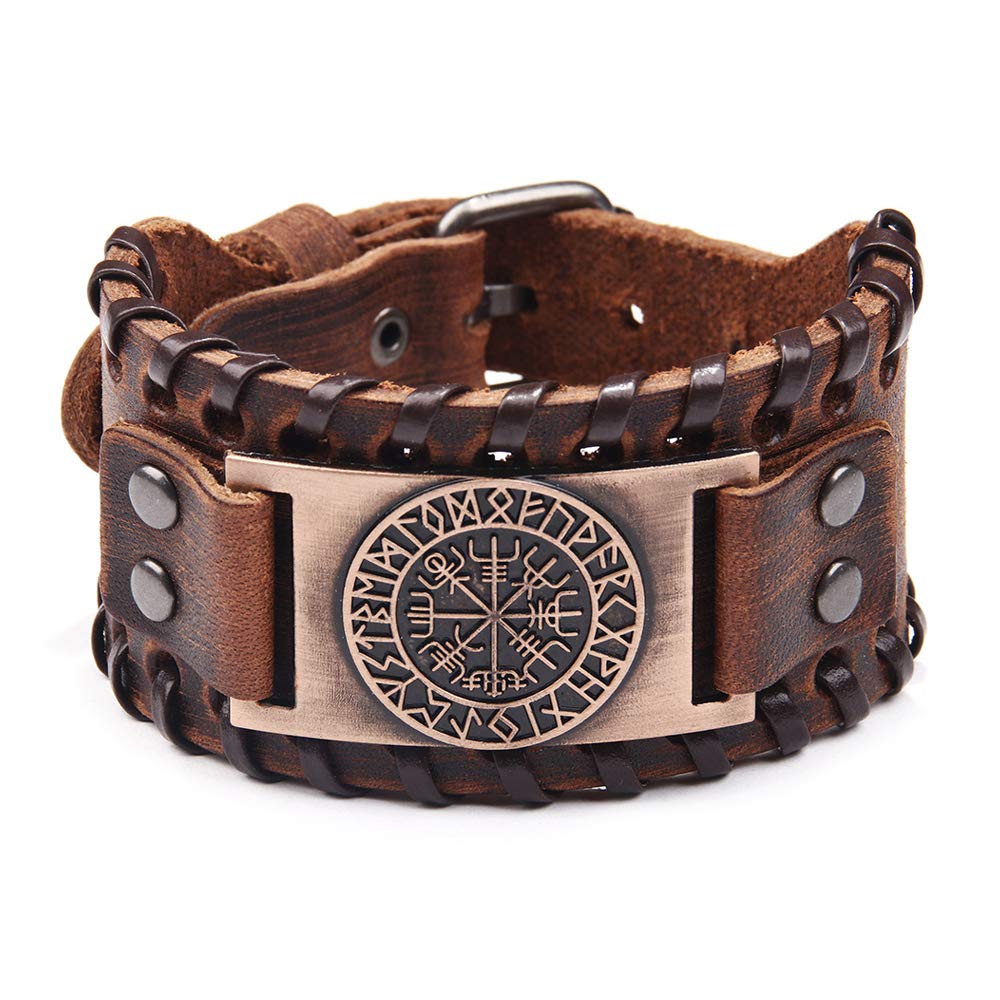 Juland Punk Braided Rope Alloy Bracelet Bangle Wristband Genuine Leather Bracelet Mens Leather Cuff Bracelet Pirate Wristbands Wide Cuff Leather Wrap Adjustable - Brown