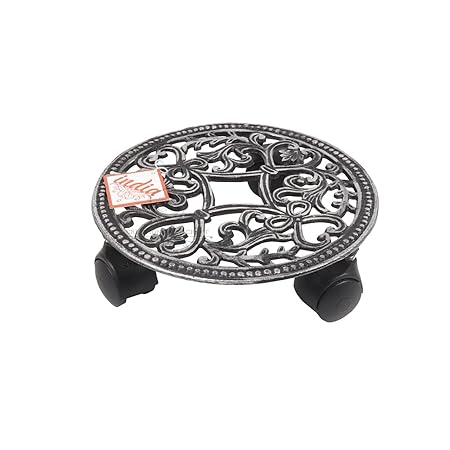 Metal Plant Caddy Heavy Duty Aluminium Plant Dolly on Round Rack Plant Stand with Rolling Wheels Garden Plant Container Indoor Outdoor Planter Trolley for Garden (Set of 1) (Silver)