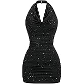 SOLY HUX Women's Glitter Halter Mini Dress Cowl Neck Draped Sleeveless Backless Ruched Bodycon Cocktail Party Dresses