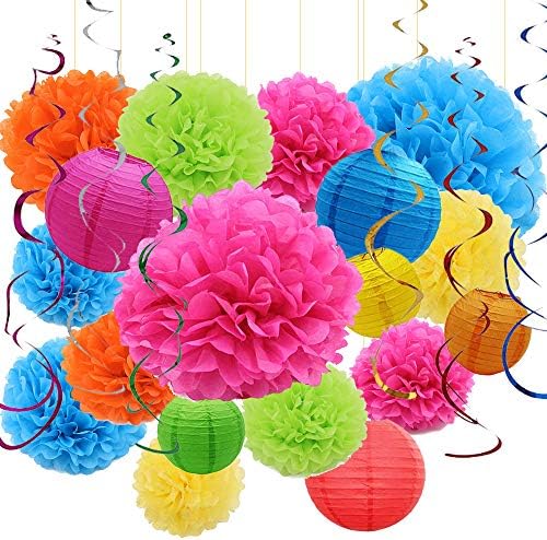 Sonnis 24pcs Paper Flower Pompom and Paper Lantern, Balloon for Birthday Wedding Christmas, Celebration, Nautical Themed Ball Party Decorations- Colorful