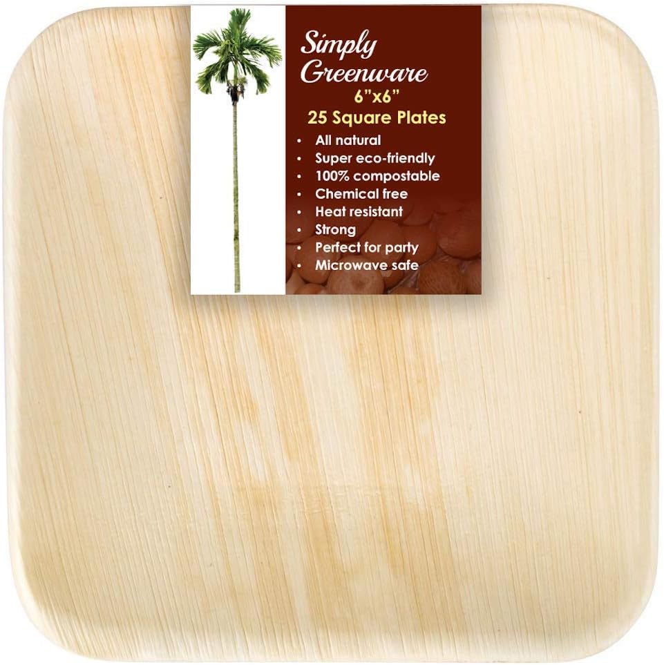 Simply Greenware Palm Leaf Plates 6 Inch | 25 Count | Sturdy & Premium Quality Square Plates | 100% Compostable Disposable & Better than Paper Plates | Salads Appetizer Snacks Weddings Camping Luau !