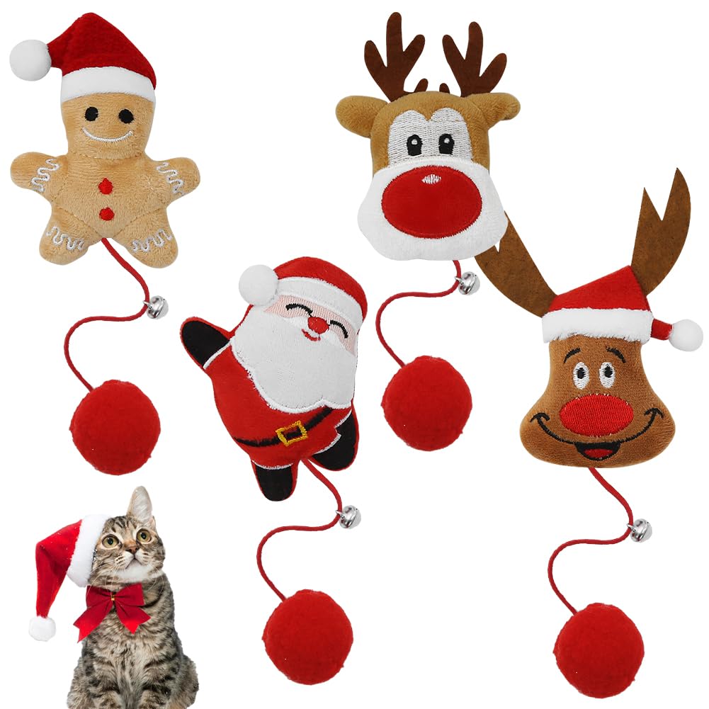 Geluode Christmas Interactive Cat Plush Toy With Bell - 4 PCS Xmas Santa Claus, Gingerbread Man, Elk Kitten Nip Toys for Indoor Cats