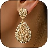 ZENCHEER Teardrop Clip On Earrings for Women, Chunky Statement Geometric Textured Earring Clips Hammered Gold Plated Dangle Drop Earrings Jewelry Gifts