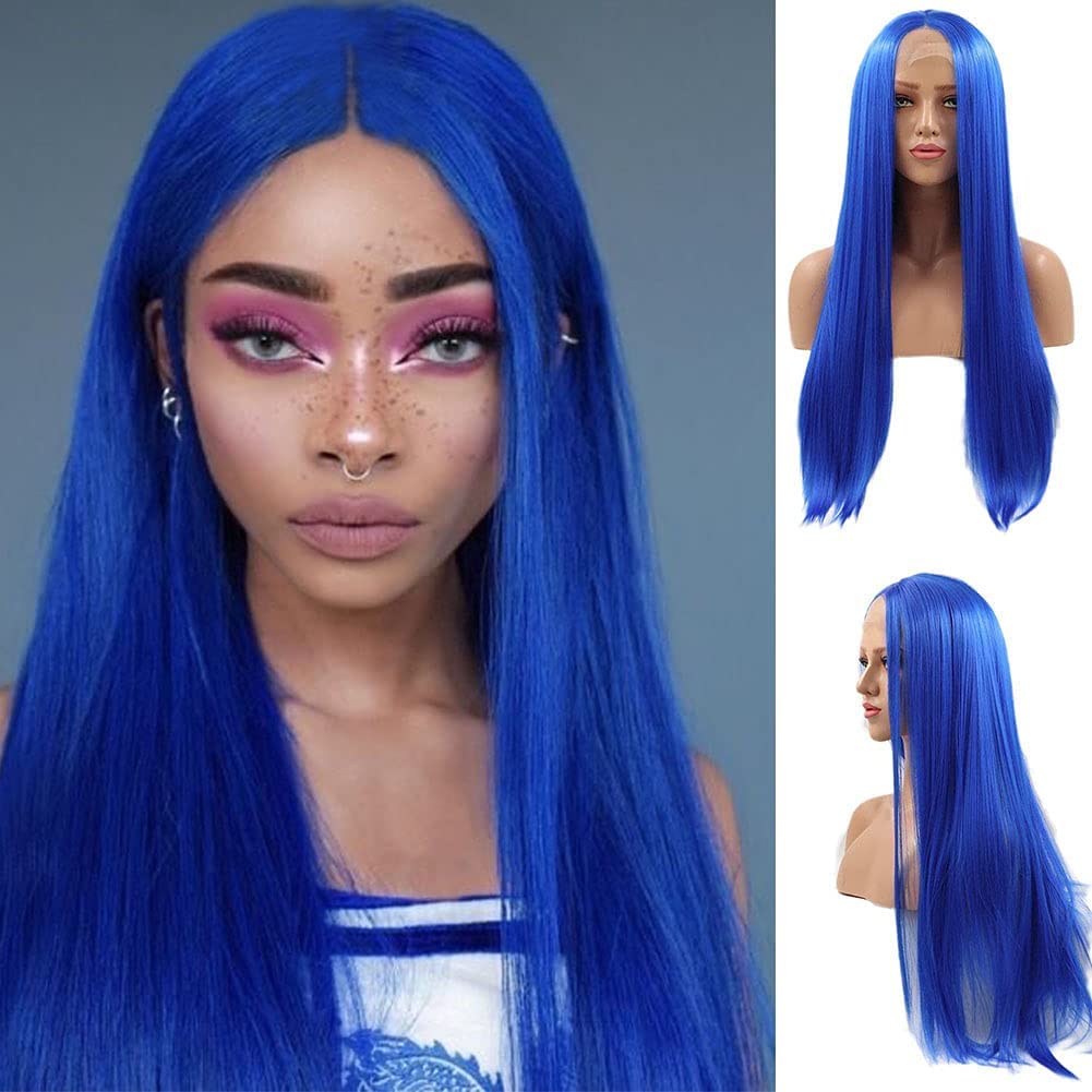 AFBeauty Blue Lace Front Wig Long Straight Navy Blue Middle Part Wig Synthetic Glueless Hair Replacement Wig Heat Resistant Fiber Daily Makeup Soft Wigs for Women 24 Inches