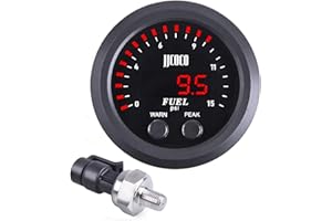 ZHSYMX Universal Fuel Pressure Gauge 2‑1/16in 52mm Ultraslim 15PSI Red LED DC12V-24V with Alarm and Electronic Sensor for Car