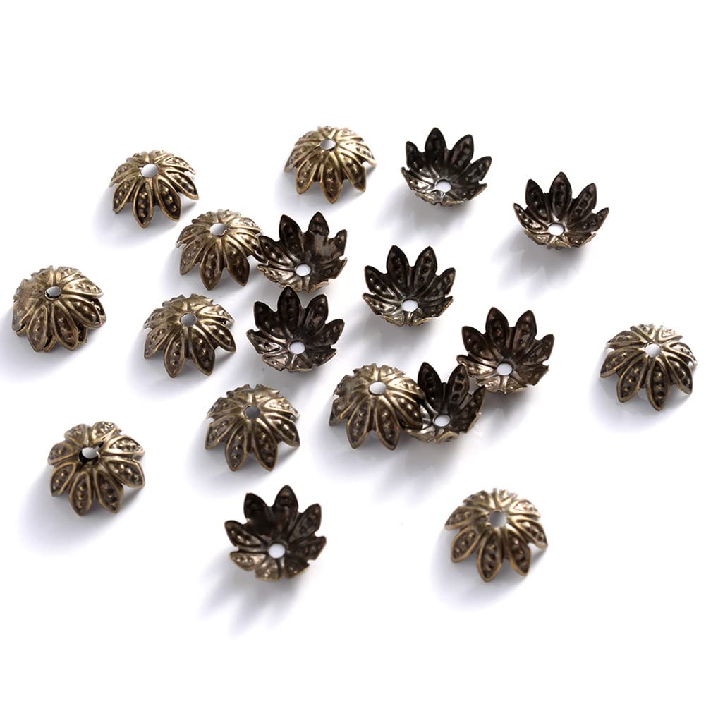 500PCS 11mm Gold Tone Lotus Flower Bead Caps Hollow Spacer Bead End Caps for Bracelet Necklace Earring Jewellery Making (Antique Bronze)