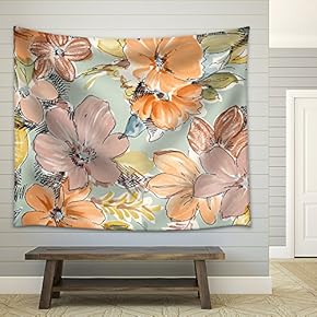 Floral Pattern on Blue Fabric. Brown and Orange Flowers Print as Background. - Fabric Wall Tapestry Home Decor - 51x60 inches