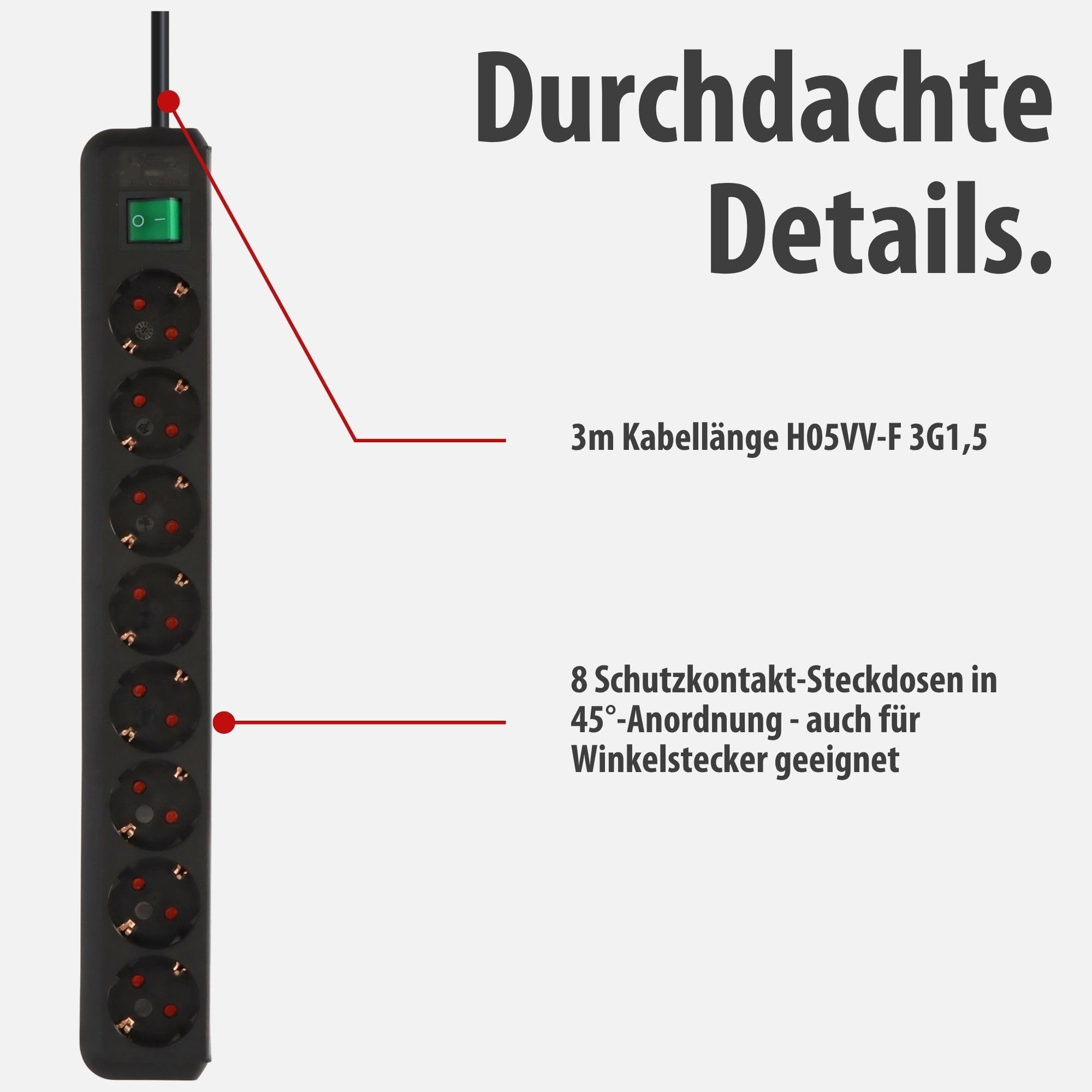 Brennenstuhl Eco-Line Steckdosenleiste 8-Fach (Steckerleiste mit erhöhtem Berührungsschutz, Schalter und 3m Kabel) schwarz 4