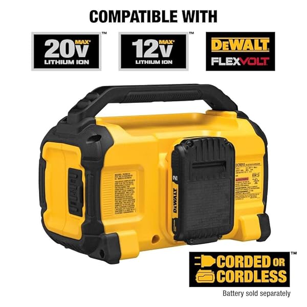 DEWALT 20V MAX BLUETOOTH SPEAKER, 100 FT RANGE, DURABLE FOR JOBSITES, PHONE HOLDER INCLUDED, LASTS 8-10 HOURS WITH SINGLE CHARGE (DCR010)