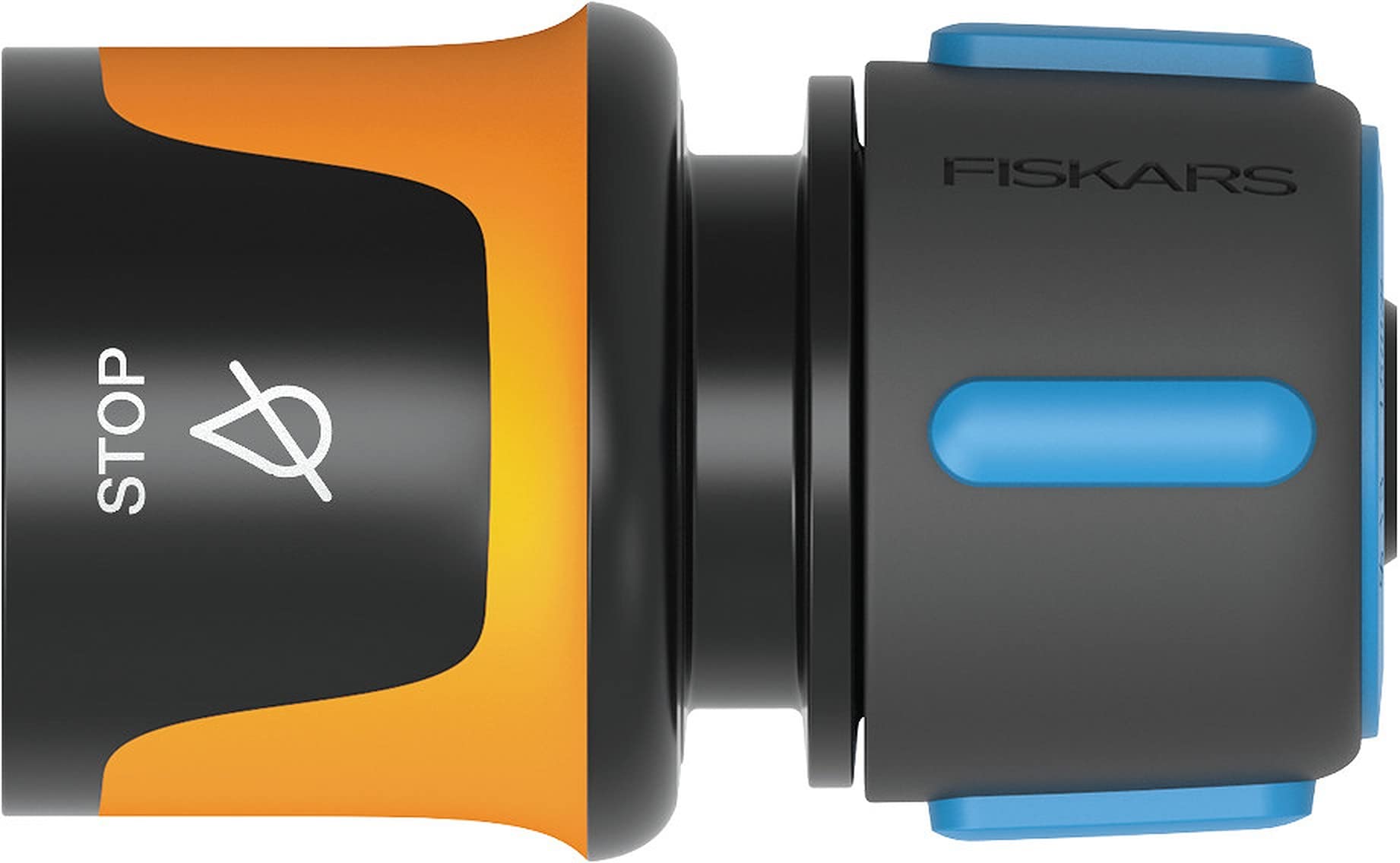 Fiskars hose connector, With stop mechanism, SoftGrip contact points, Universal size, Ø 1.3-1.5 cm (1/2-5/8''), 32 g, Black/Orange/Blue, 1027080