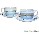Bosmarlin Ceramic Cappuccino Cup and Saucer Set of 2, 10 Oz, Dishwasher and Microwave Safe, Coffee Cups for Latte, Espresso, Tea, Reavtive Glaze (Purple Blue Light, 10 Oz)