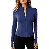 Fisoew Women's Zip Up Workout Jackets Lightweight Contrast Colors Long Sleeve Gym Shirts Athletic Tops With Thumb Holes