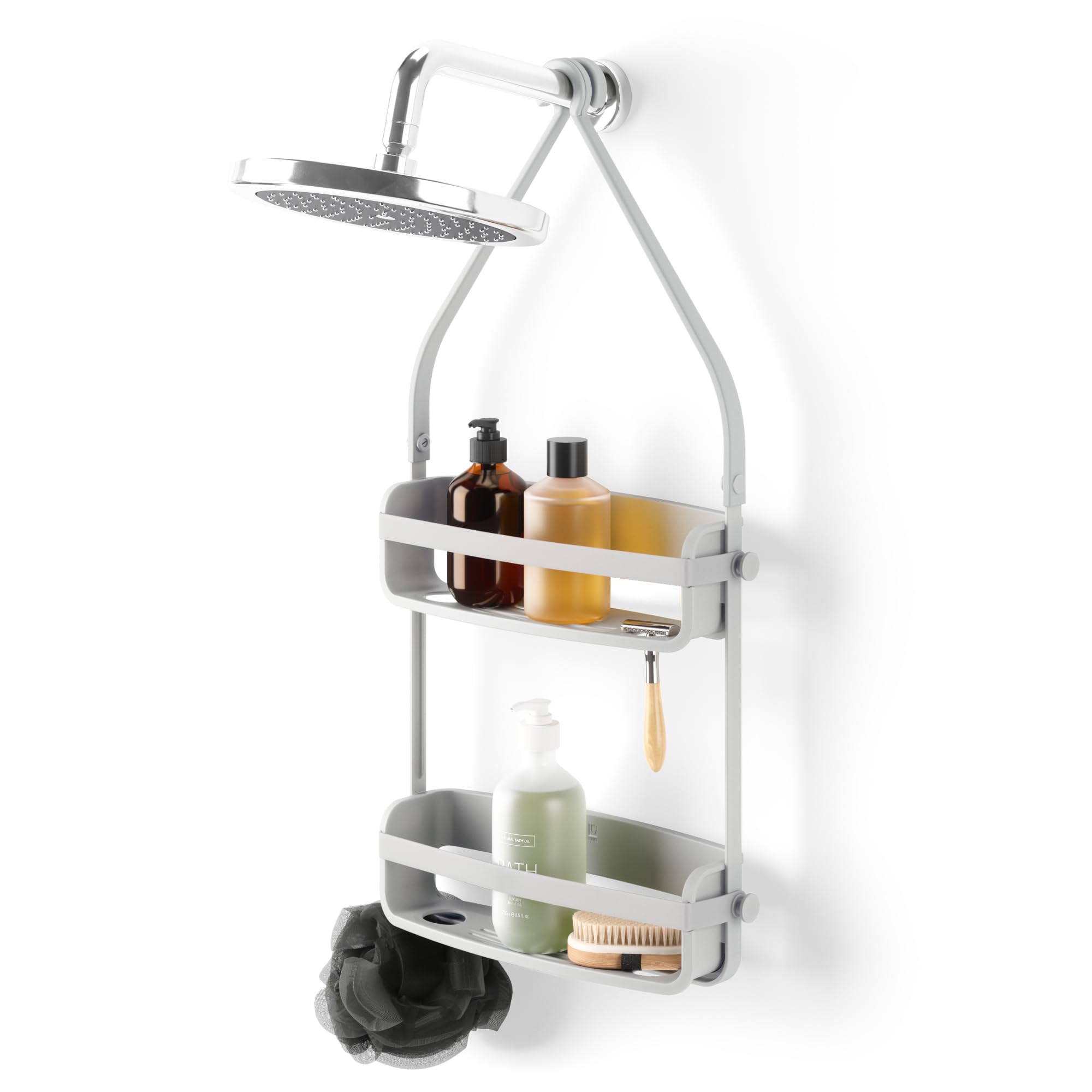 Umbra Flex Hanging Shower Caddy with 2 Shelves, Bathtub Shelf and Bathroom Organizer, Grey