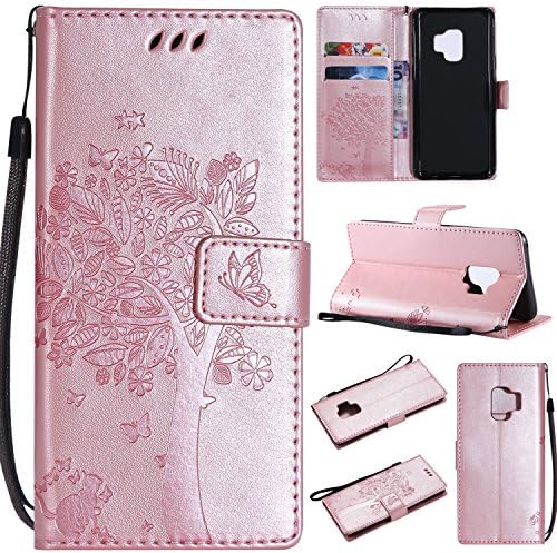 HAOTP Galaxy S9 Wallet Case, Floral Flower Love Tree & Cat Embossed PU Leather Magnetic Flip Shockproof TPU Inner Bumper Card Holders & Hand Strap Wallet Purse Case for Samsung Galaxy S9 Rose Gold
