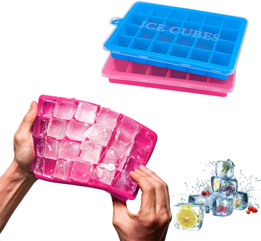Ice Cube Trays 2 Pack,Silicone Ice Tray with Removable Lid Easy-Release Flexible Ice Cube Molds 24 Cubes per Tray for Cocktail, Whiskey, Baby Food, Chocolate, BPA Free