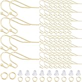 SOFPLATE 1 Box 100Pcs Gold Earring Wires Stainless Steel Earring Findings Bulk French Fish Hook with Jump Rings Ear Nuts Dangle Ball Dot Earring Hooks for Jewelry Making Supplies DIY Craft Beginner