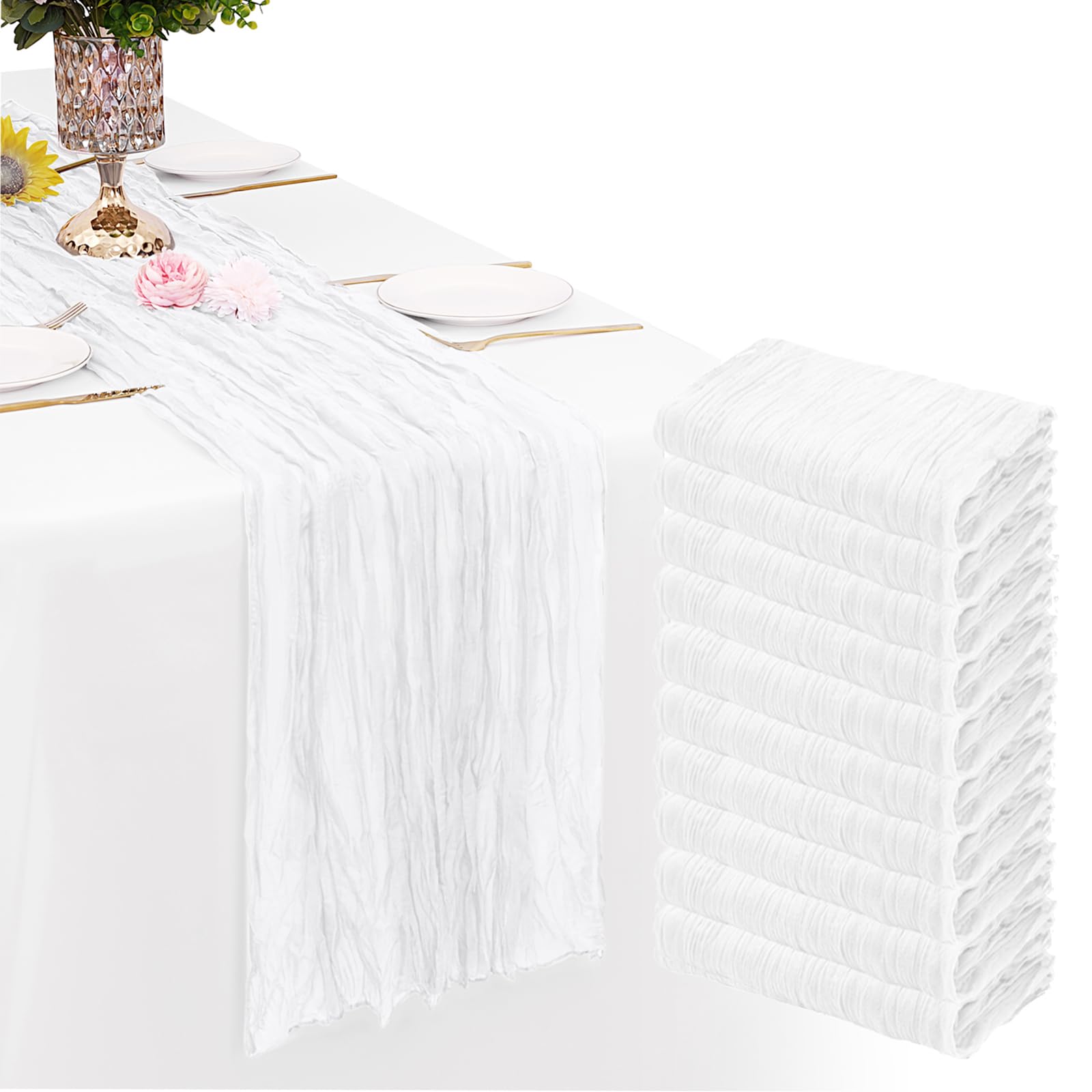 Photo 1 of 10 Pack White Cheesecloth Table Runner Gauze Rustic Sheer 35 x 70 inch White Cheese Cloth Table Runners for Wedding Party Bridal Shower Decor