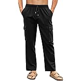 PASLTER Mens Linen Cargo Pants Lightweight Elastic Waist Drawstring Casual Loose Summer Beach Yoga Pants with Pockets