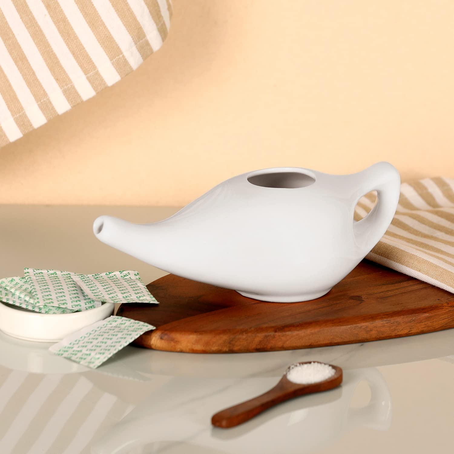 Ceramic Neti Pot Premium Handcrafted, Nose Cleaner for Sinus Dishwasher Safe with 2 Silicone Nozzle Tip, 225 Ml Capacity - White Color