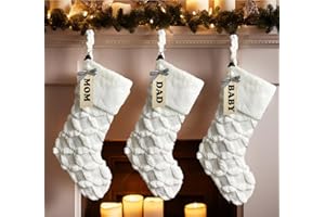 AOGU 3 Pack 18 Inch Faux Fur Christmas Stockings Cable Knit Knitted Thick Snowy White Xmas Christmas Stockings Hanging Ornaments Candy Gift Bags for Christmas Decorations