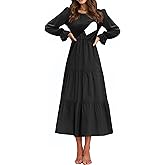 CzzzyL Women's Nursing Dress Flounces Long Sleeve Crew Neck Smocked Bodice Ruched Elastic Waist Tiered Midi with Pockets