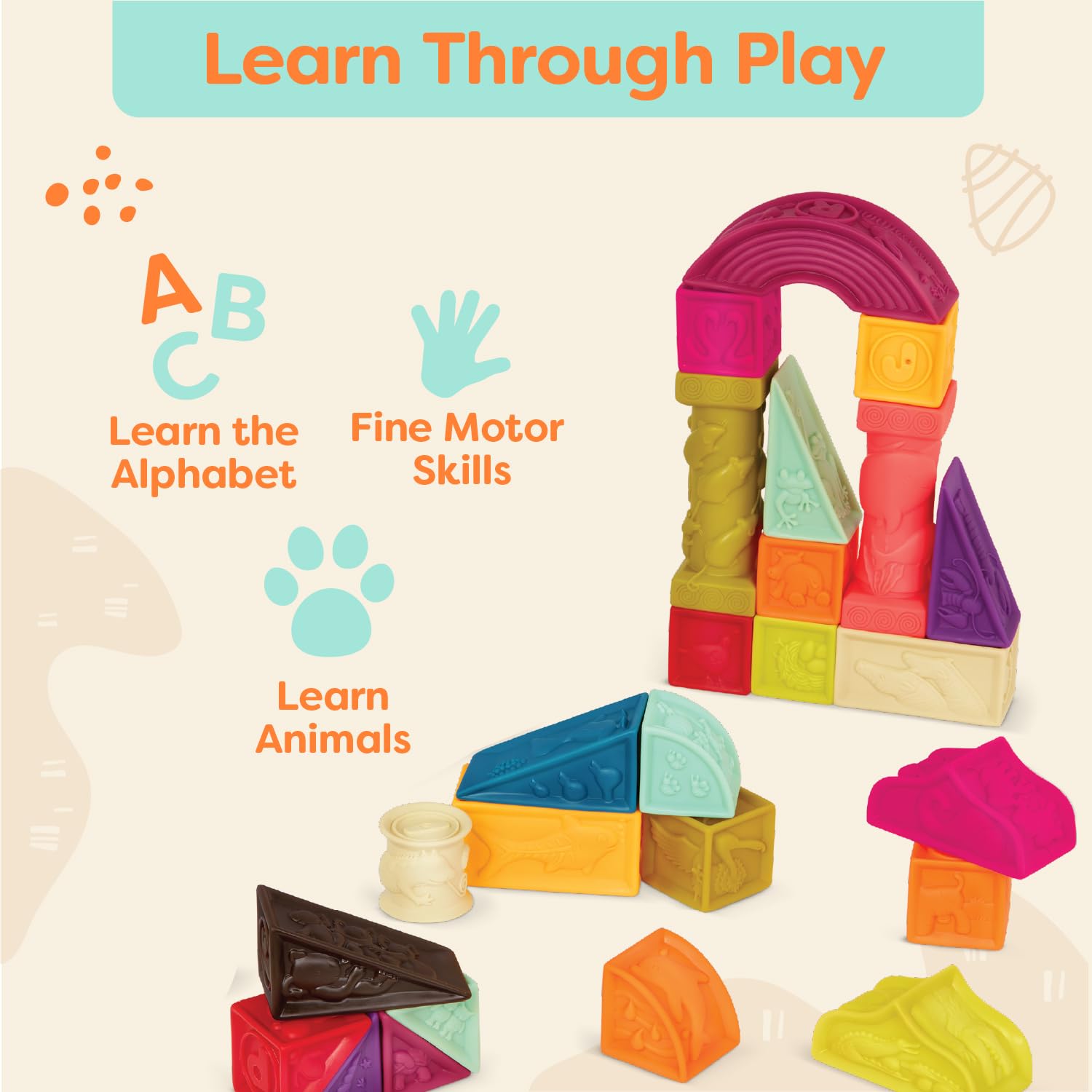 B. toys – Elemenosqueeze – Baby Blocks – 26 Soft Sort & Stack Blocks With Alphabet – Architectural Building Blocks – Shapes, Letters & Animals – 6+ Months