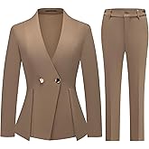 KUDMOL Women's 2 Piece Outfits Two Buttons Business V Neck Blazer Casual Long Sleeve Pants Suits Work Sets