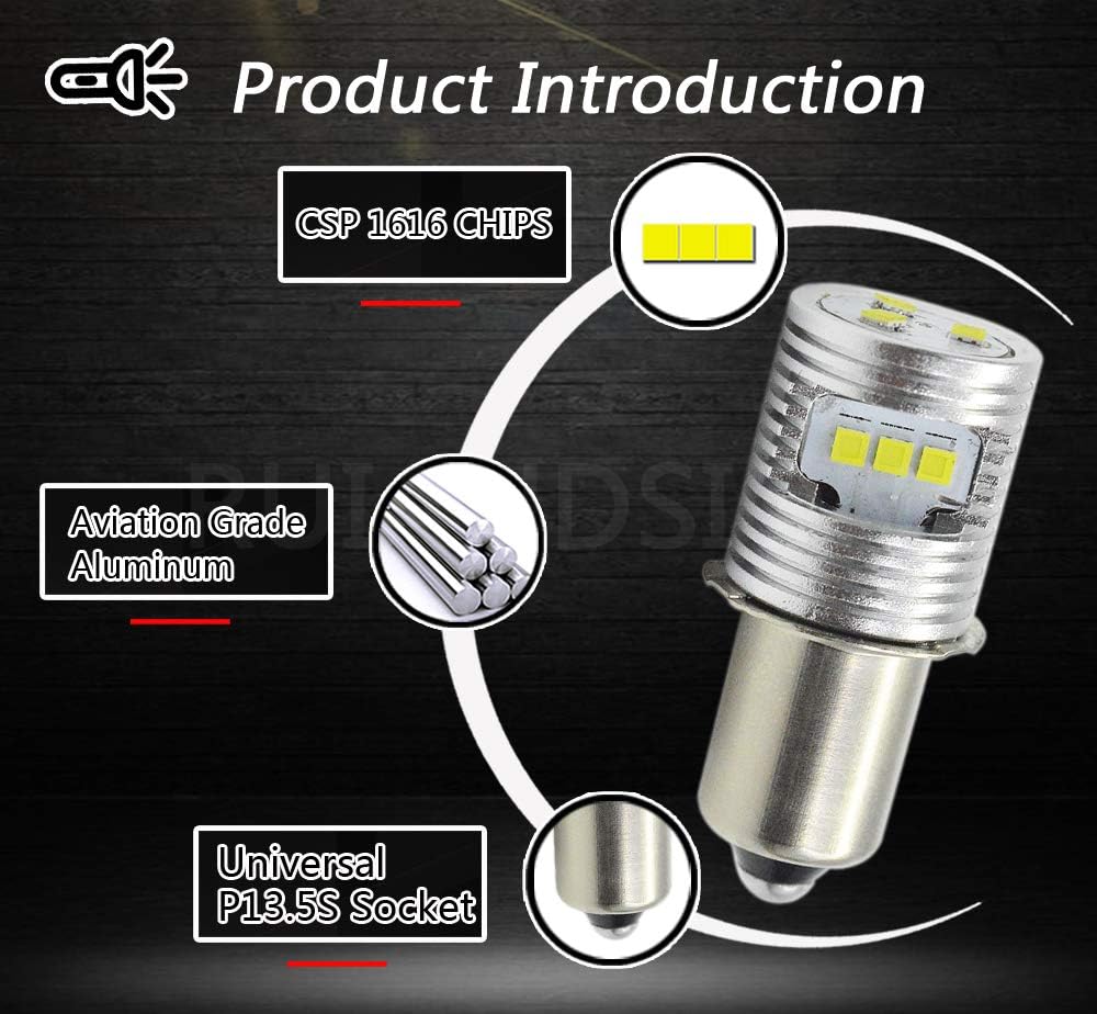 Ruiandsion Upgrade LED Flashlight Bulb P13.5S Base Bulbs 6-24V High Power CSP 9SMD Chipset Replacement for Headlamp Flashlight Torch LED Conversion Kit Bulb,Non-polarity (Pack of 1) - Image 4