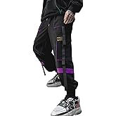 Ambcol Men's Jogger Pants Techwear Hip Hop Harem Pants Streetwear Tactical Track Pants with Drawstring Black-Purple Medium