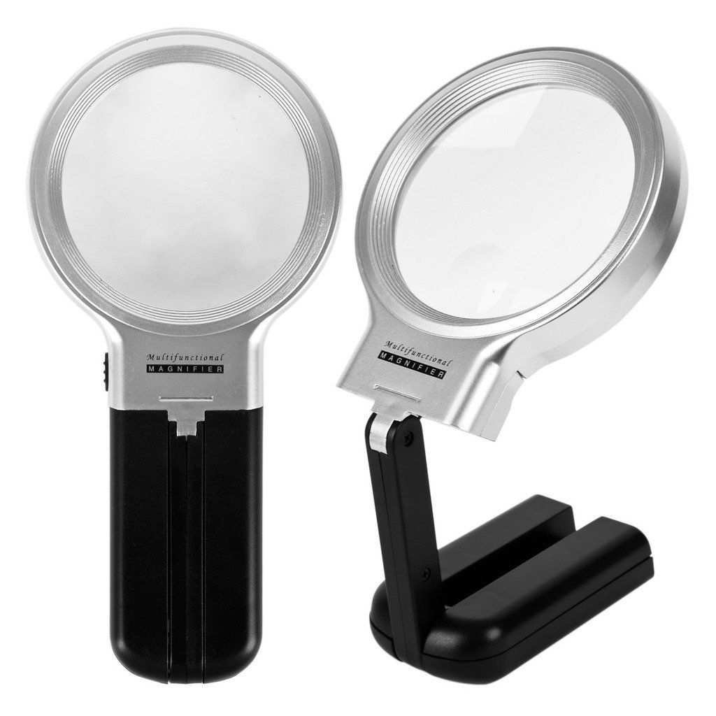 LED Lighted Magnifier 2X 4X with Folding Stand, Hobby & Craft Illuminated Magnifying Glass