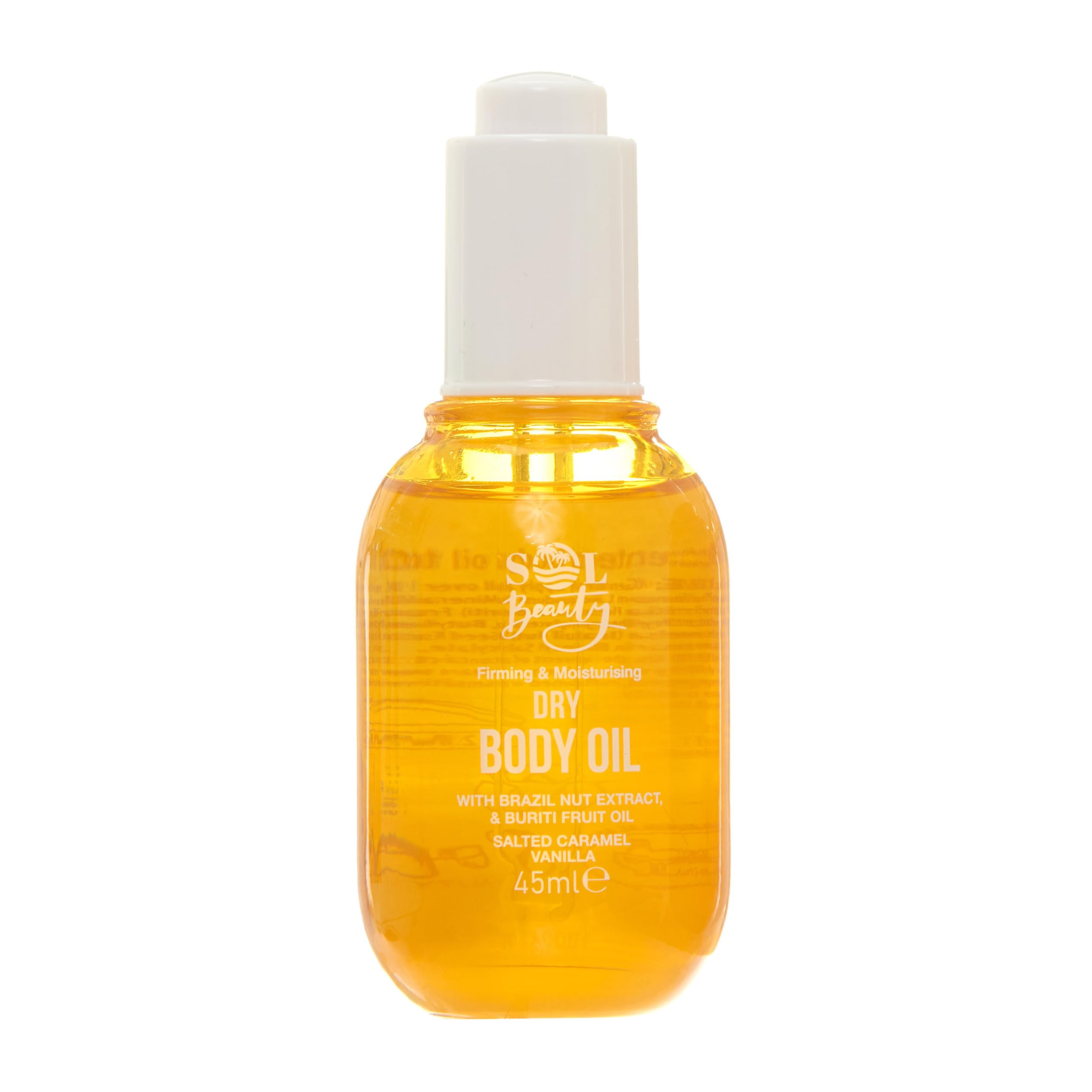 Sol Beauty Dry Body Oil Caramel Vanilla Scent with Brazil Nut Extract and Buriti Fruit Oil, Helps Firm and Moisture Skin, Vegan Friendly Light Moisturiser 45ml