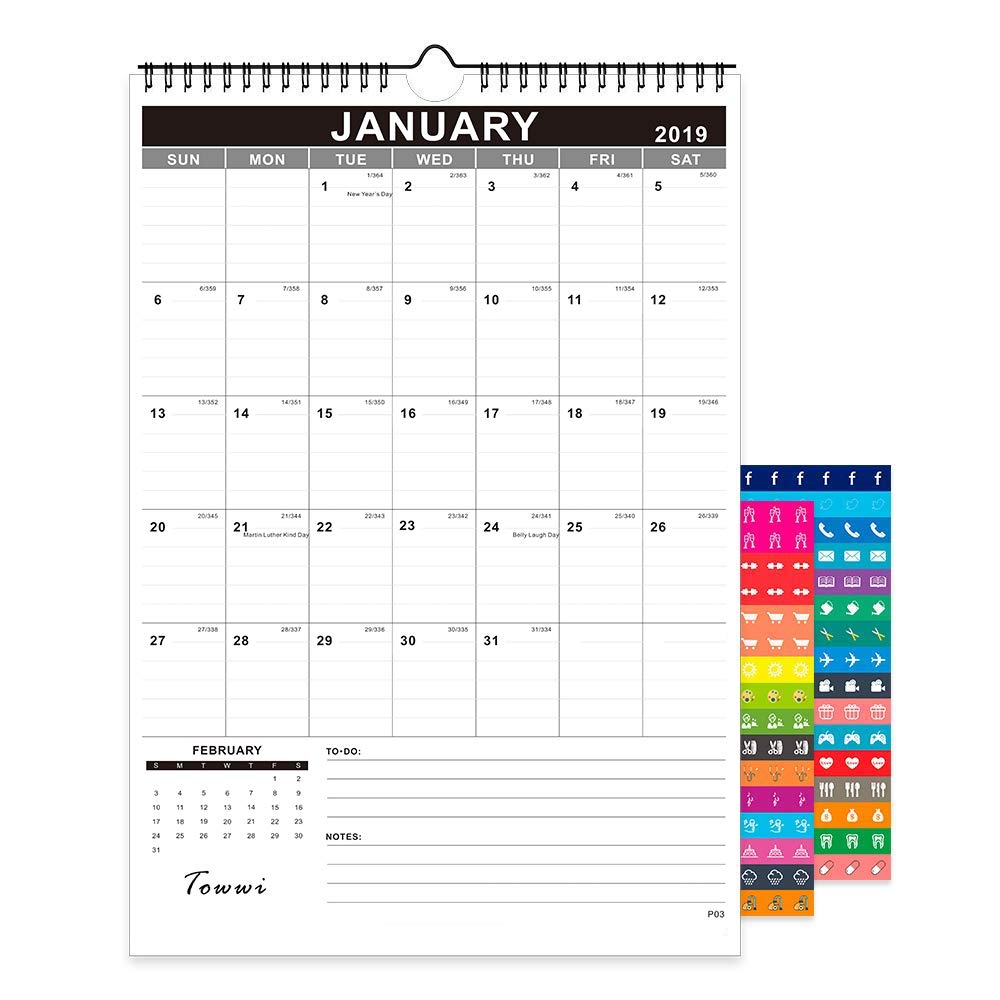 TOWWI Monthly Wall Calendar, November 2018-February 2020 Desk Calendar, 12” x 17” Wirebound Calendar for School Home Office (12x17)
