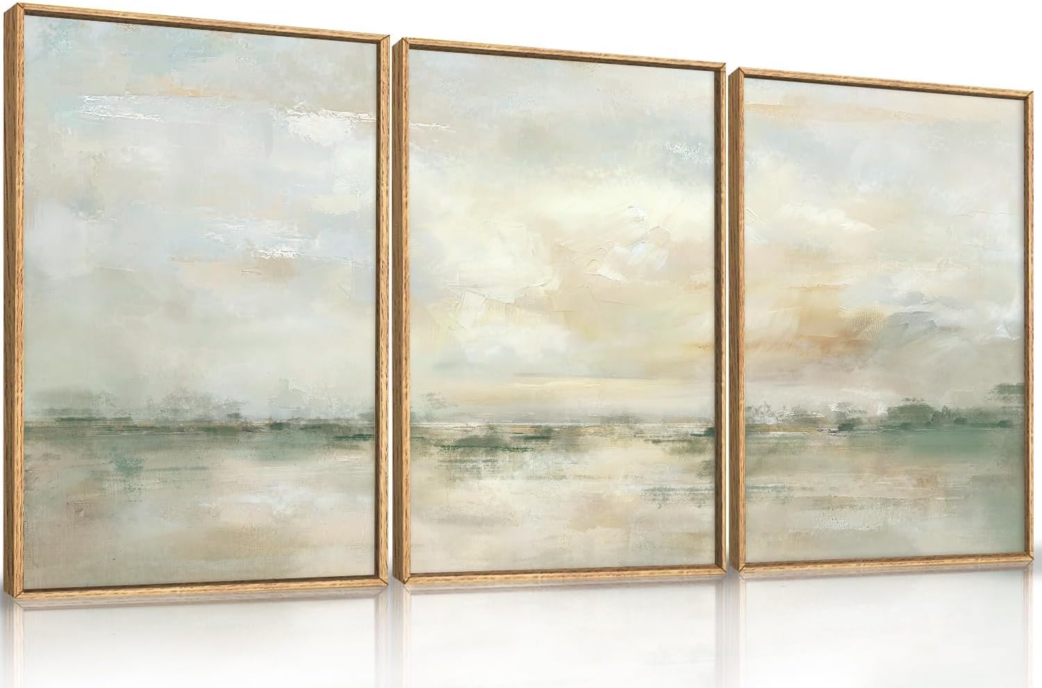 Ausril Large Abstract Green Gray Pastel Framed Canvas Wall Art,Neutral Landscape Wall Decor,Modern Watercolor Lake Artwork,Beige Textured Illustrations Art for Living Room,Bedroom,Office- 16"x24"x3