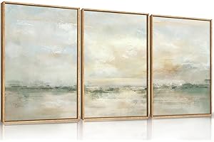 Ausril Large Abstract Green Gray Pastel Framed Canvas Wall Art,Neutral Landscape Wall Decor,Modern Watercolor Lake Artwork,Be