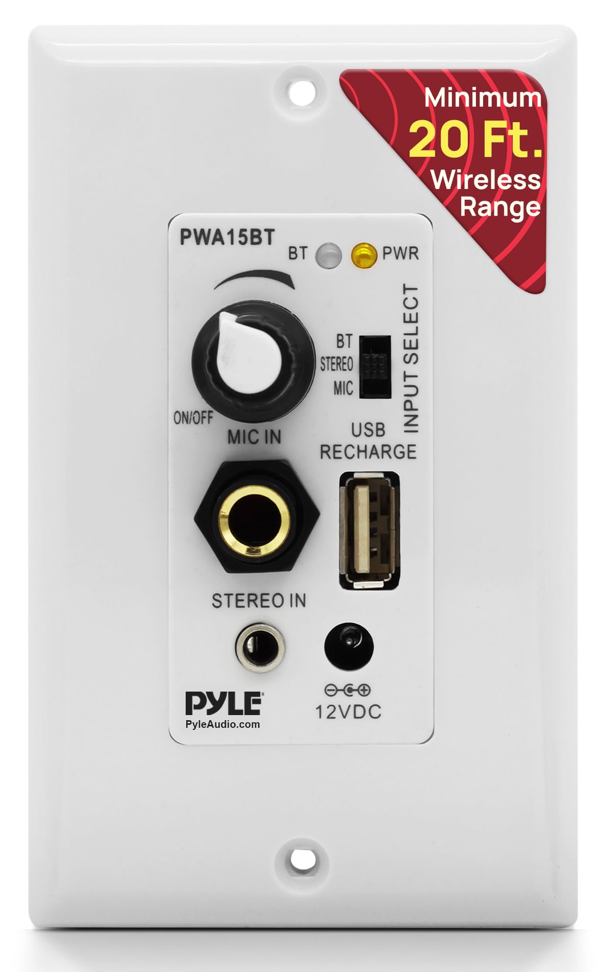 Pyle Wireless BT Receiver Wall Mount - Receptor de control de audio de pared de 100 W con amplificador incorporado, entradas USB/micrófono/auxiliar (3,5 mm), bloque de terminales de altavoz, conectar 2 altavoces, blanco - PWA15BT