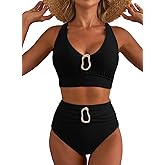 Herseas Women's High Waisted Bikini Sets Crisscross Back Swimsuit V Neck Metal Ring 2026 Summer Bathing Suit Beachwear