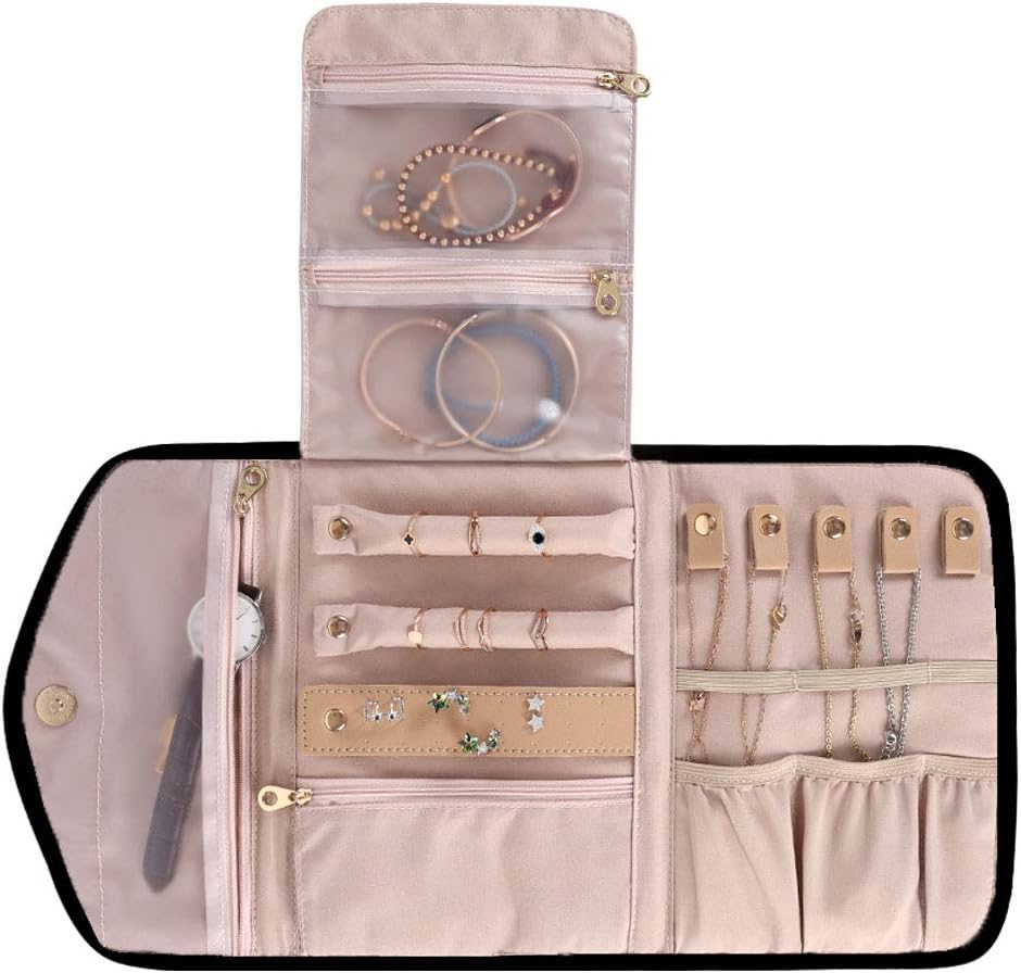 KUAK Travel Jewelry Organizer Roll Foldable Jewelry Roll Bag Small Jewelry Storage Bag for Journey-Rings, Necklaces, Bracelets, Earrings, Black