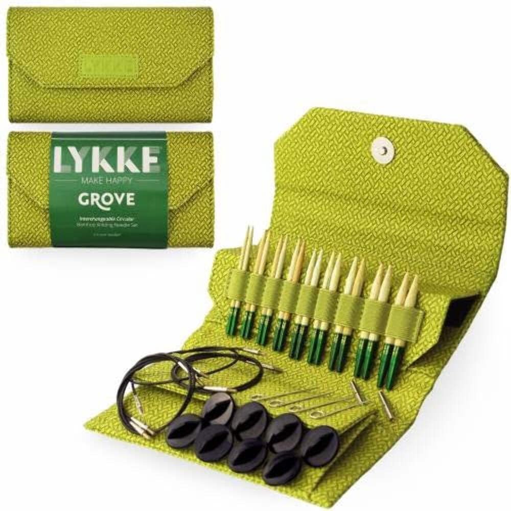 Lykke Interchangeable Circular Knitting Needle Set 3.5in Tips Grove Bamboo Green Basketweave Effect - Grove Bamboo Green Basketweave Effect