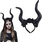 Halloween Devil Horn Headband Black Rose Flower Ox Horn Headwear Hair Accessories for Women Halloween Cosplay Costume Party