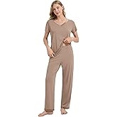 WiWi Womens Viscose from Bamboo Pajamas Set Short Sleeve Top with Pants Pjs Soft V Neck Sleepwear Lightweight Loungewear S-3X